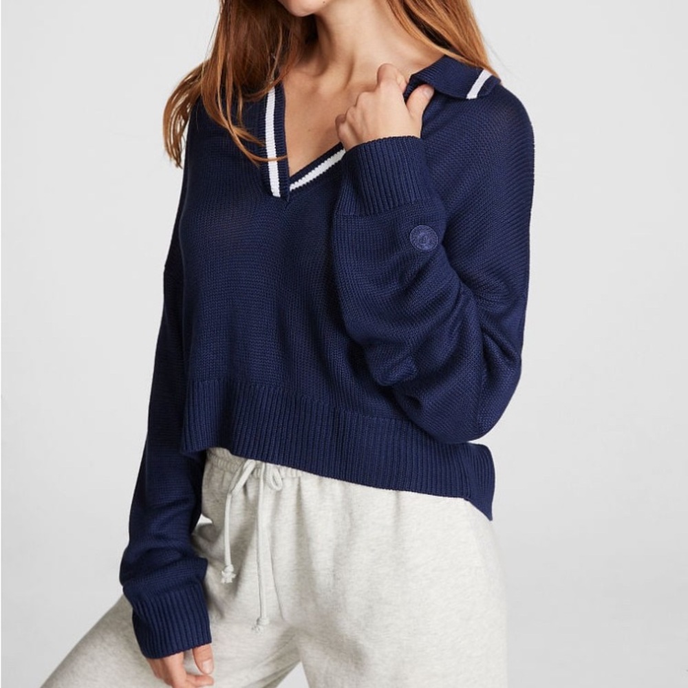 PINK Victoria's Secret Navy V-Neck Cropped Sweater